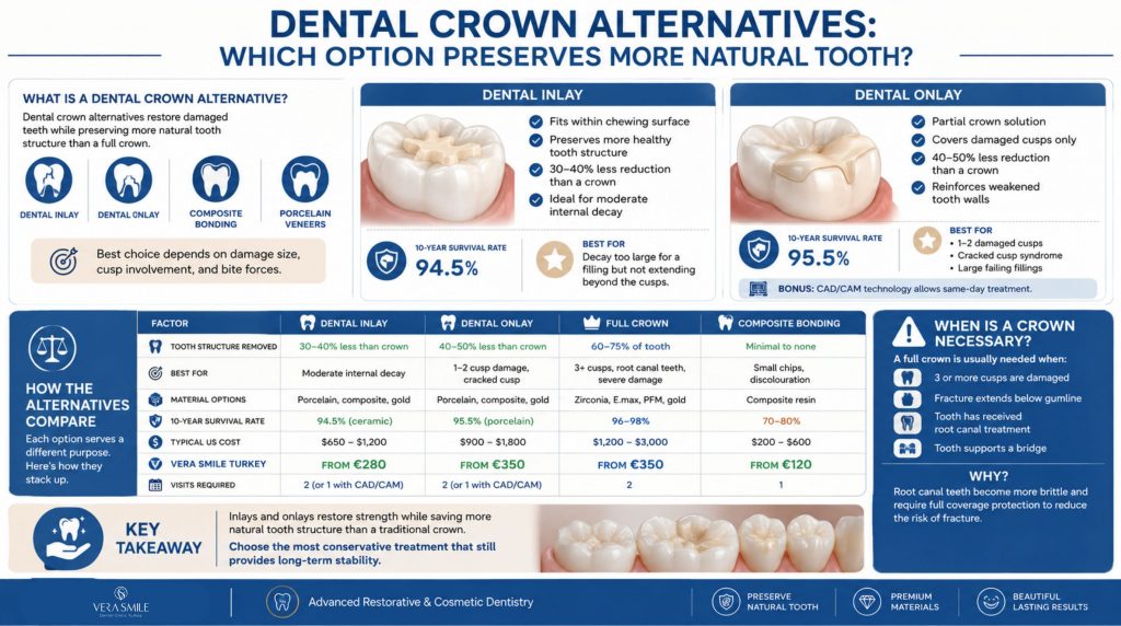 Infographic showing the differences between dental inlays, onlays, composite bonding, and full crowns, highlighting tooth preservation, durability, indications, and when a full crown is necessary.