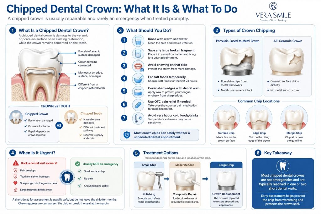 Chipped Dental Crown infographic showing a cross-sectional crowned tooth with a chipped porcelain surface, comparison between a chipped crown and a chipped natural tooth, diagrams of porcelain-fused-to-metal and all-ceramic crown chipping, a seven-step care timeline including rinsing, saving fragments, avoiding chewing, eating soft foods, using dental wax, pain relief, and avoiding temperature extremes, an urgency guide distinguishing emergency and non-emergency situations, treatment options ranging from polishing to composite repair and crown replacement, and a key takeaway that most chipped dental crowns are repairable and not dental emergencies when assessed promptly.