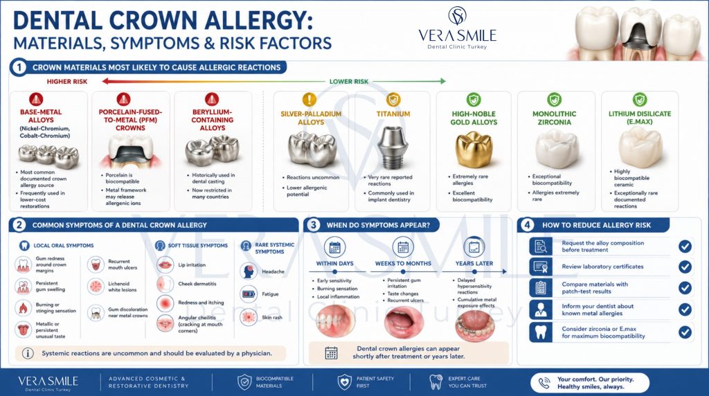 Dental Crown Allergy infographic showing crown materials ranked by allergy risk, including base-metal alloys, porcelain-fused-to-metal (PFM), beryllium-containing alloys, silver-palladium alloys, titanium, high-noble gold alloys, monolithic zirconia, and lithium disilicate (E.max). The infographic also illustrates common dental crown allergy symptoms such as gum redness, swelling, burning sensation, metallic taste, mouth ulcers, lichenoid lesions, lip irritation, cheek dermatitis, angular cheilitis, headache, fatigue, and skin rash. A timeline explains symptom onset from days to years after crown placement, while a prevention section recommends reviewing alloy composition, laboratory certificates, patch-test results, known metal allergies, and choosing zirconia or E.max restorations for improved biocompatibility. Vera Smile branding appears throughout the horizontal blue-and-white dental infographic.