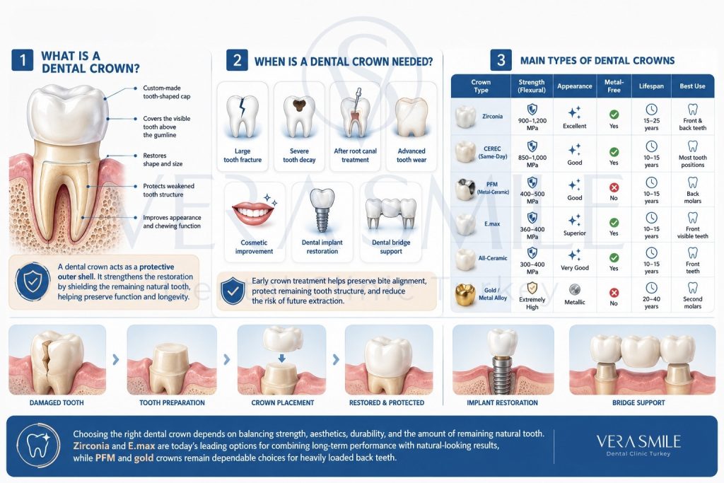 Dental crown infographic explaining what a dental crown is, when it is needed, and comparing the main crown materials by strength, aesthetics, metal-free composition, lifespan, and ideal clinical use