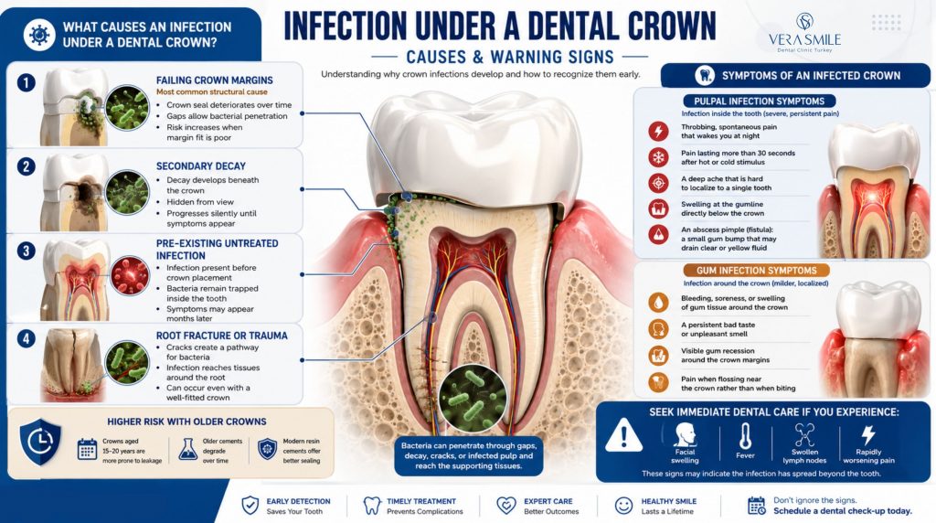 causes of dental infection under a dental crown. symptoms of an infected dental crown
