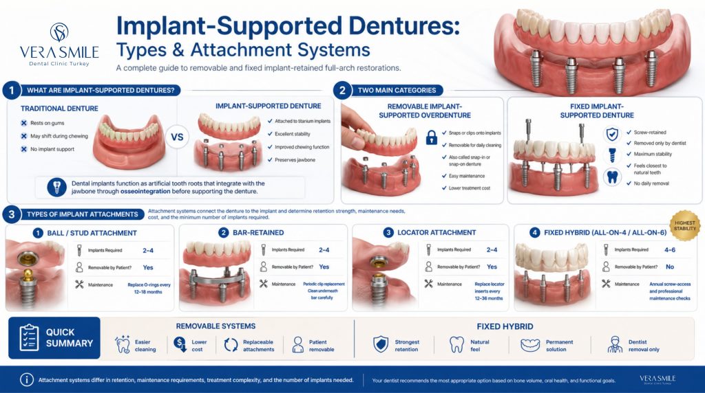 Infographic explaining implant-supported dentures, comparing traditional and implant-supported dentures, removable and fixed implant-supported options, and four implant attachment systems including ball/stud, bar-retained, locator, and fixed hybrid (All-on-4/All-on-6), with implant requirements, removability, maintenance needs, and a summary of key differences