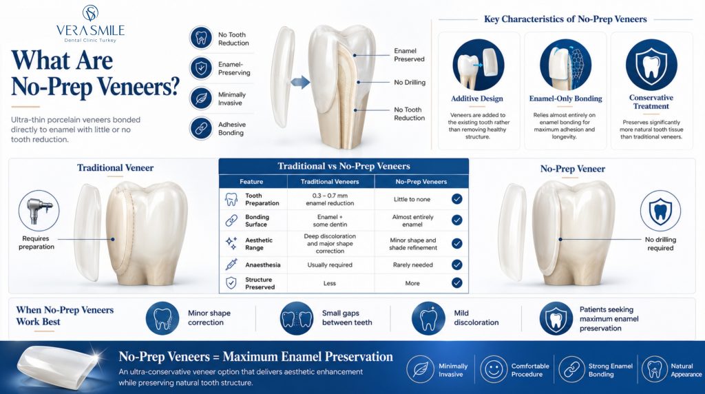 No-prep veneers infographic. Traditional vs no-prep veneers comparison. Enamel preservation, minimal tooth preparation, enamel-only bonding, conservative dental treatment, veneer benefits, ideal candidates for no-prep veneers.