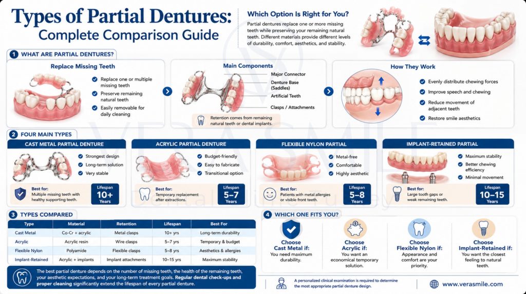 Type: **Complex**  Rationale: The infographic presents multiple sections, labeled illustrations, comparison cards, and a comparison table that together communicate structured educational information beyond what a short description can convey.  **Caption:**
Types of partial dentures infographic comparing cast metal, acrylic, flexible nylon, and implant-retained removable partial dentures, explaining their components, benefits, lifespan, retention methods, and ideal clinical uses.  **Long description:**
The infographic explains removable partial dentures and compares the four main types available.  The top section introduces partial dentures as removable prostheses that replace one or more missing teeth while preserving remaining natural teeth. It notes that different materials provide varying levels of durability, comfort, aesthetics, and stability. Illustrations show a removable partial denture alongside a natural dental arch.  The first section describes how partial dentures work. It explains that they replace missing teeth, preserve remaining teeth, and can be removed daily for cleaning. A labeled illustration identifies the major connector, denture base (saddles), artificial teeth, and clasps or attachments, with a note that retention comes from remaining natural teeth or dental implants. Another illustration highlights that partial dentures distribute chewing forces, improve speech and chewing, reduce movement of adjacent teeth, and restore smile aesthetics.  The second section compares four types of partial dentures:  * **Cast Metal Partial Denture:** Cobalt-chromium framework with metal clasps. Strongest and most durable option for multiple missing teeth with healthy supporting teeth. Expected lifespan is over 10 years.
* **Acrylic Partial Denture:** Acrylic resin base with wire clasps. Budget-friendly and commonly used as a temporary or transitional solution after extractions. Expected lifespan is 5–7 years.
* **Flexible Nylon Partial Denture:** Metal-free polyamide framework with flexible gum-colored clasps. Designed for improved comfort, aesthetics, and patients with metal allergies. Expected lifespan is 5–8 years.
* **Implant-Retained Partial Denture:** Removable denture secured to one or more dental implants using implant attachments. Provides maximum stability for larger tooth gaps or weakened remaining teeth. Expected lifespan is 10–15 years.  A comparison table summarizes each type by material, retention method, expected lifespan, and ideal clinical application.  The final section helps readers choose the most suitable option:  * Cast metal for maximum durability.
* Acrylic for an economical temporary solution.
* Flexible nylon when appearance and comfort are priorities.
* Implant-retained for the closest feeling to natural teeth.  A concluding clinical note states that the ideal partial denture depends on the number of missing teeth, the health of the remaining teeth, aesthetic expectations, and long-term treatment goals. It also emphasizes that regular dental check-ups and proper cleaning significantly extend the lifespan of every partial denture. The footer includes Vera Smile branding, the website, and a disclaimer that a personalized clinical examination is necessary to determine the most appropriate partial denture design.
