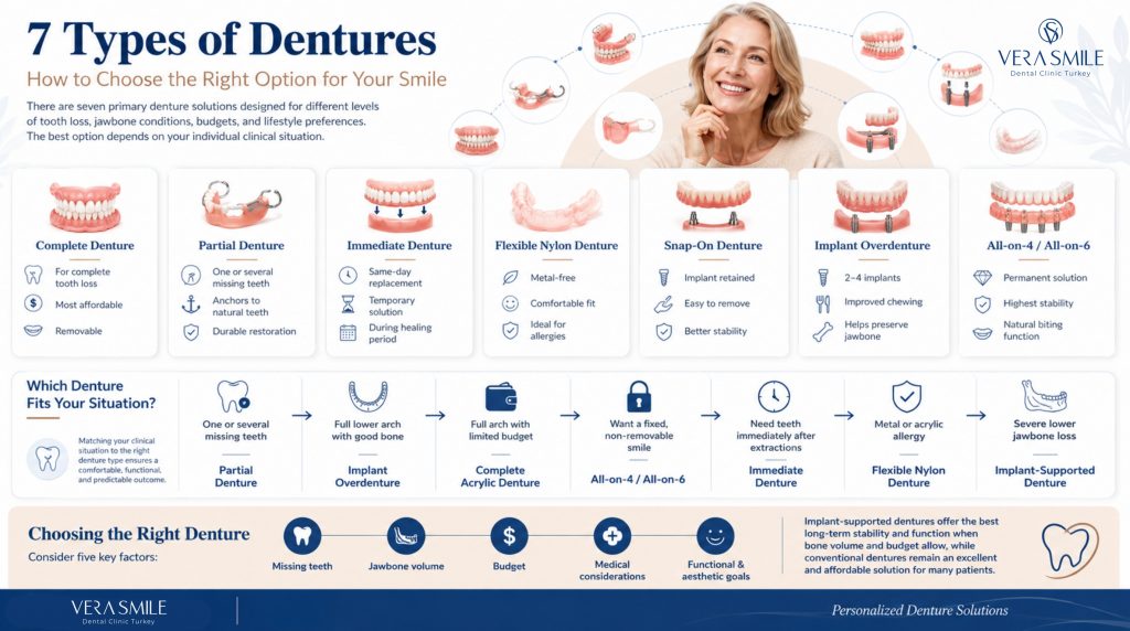 The infographic introduces seven denture options: Complete Denture, Partial Denture, Immediate Denture, Flexible Nylon Denture, Snap-On Denture, Implant Overdenture, and All-on-4 or All-on-6. Each option includes a brief summary of its primary purpose and advantages. Complete dentures are presented for complete tooth loss and as the most affordable removable option. Partial dentures replace one or several missing teeth by attaching to remaining natural teeth. Immediate dentures provide same-day tooth replacement following extractions during the healing period. Flexible nylon dentures are highlighted as metal-free, comfortable, and suitable for patients with material allergies. Snap-on dentures attach to dental implants while remaining removable for cleaning. Implant overdentures use two to four implants to improve chewing stability and help preserve jawbone. All-on-4 or All-on-6 systems provide a fixed, permanent full-arch restoration with the highest level of stability and biting function. A decision guide then matches common clinical situations to the recommended denture type, including partial dentures for several missing teeth, implant overdentures for full lower arches with sufficient bone, complete acrylic dentures for patients with limited budgets, All-on-4 or All-on-6 for those seeking a fixed solution, immediate dentures after extractions, flexible nylon dentures for patients with metal or acrylic allergies, and implant-supported dentures for severe lower jawbone loss. The infographic concludes by recommending that patients evaluate missing teeth, jawbone volume, budget, medical considerations, and functional and aesthetic goals before choosing treatment, while emphasizing that implant-supported dentures generally provide the best long-term stability and function when appropriate, whereas conventional dentures remain an effective and affordable alternative.