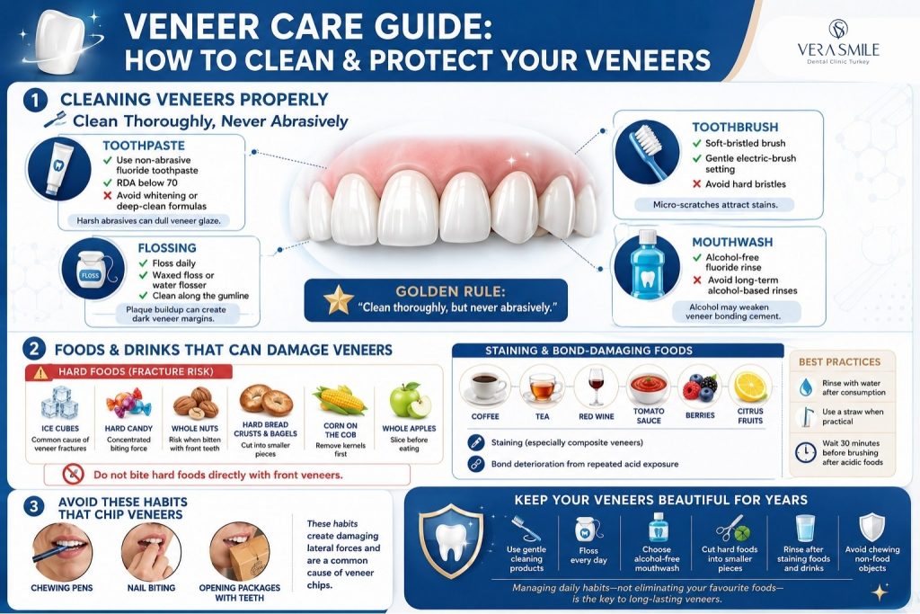 Veneer care guide, how to clean veneers, veneer cleaning routine, non-abrasive toothpaste for veneers, soft-bristle toothbrush veneers, foods that damage veneers, veneer-friendly diet, coffee and veneer staining, habits that chip veneers, long-lasting veneer maintenance.