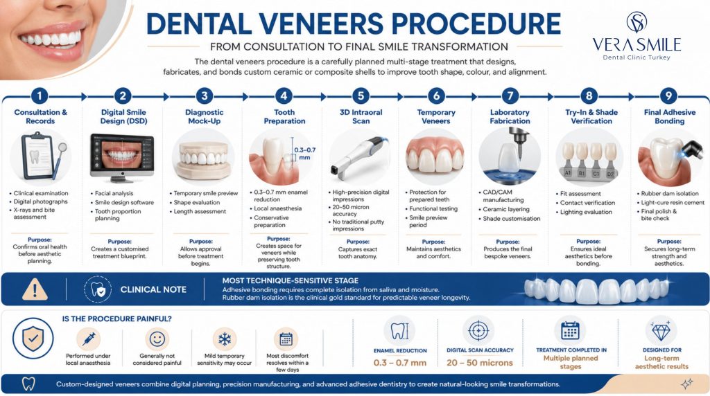 Dental veneers procedure infographic showing the 9-step treatment process from consultation and Digital Smile Design to tooth preparation, 3D scanning, laboratory fabrication, and final adhesive bonding, including key information on treatment comfort and veneer longevity.