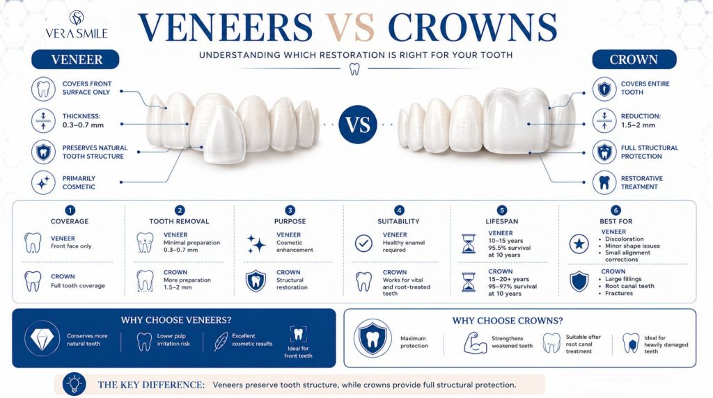 differences between crowns and veneers. coverage differences of veneers vs crowns. veneers vs crowns