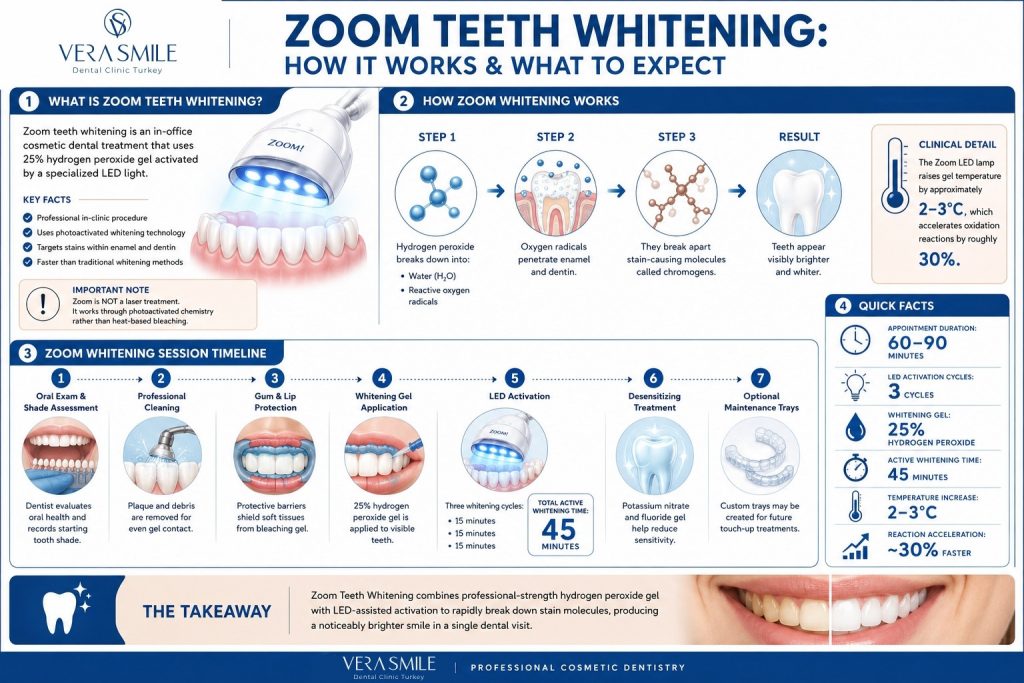Zoom teeth whitening infographic showing how professional in-office teeth whitening works, including hydrogen peroxide gel activation with LED light, stain molecule breakdown process, step-by-step treatment timeline, oral examination, professional cleaning, gum protection, whitening gel application, LED activation cycles, desensitizing treatment, maintenance trays, appointment duration, active whitening time, and key clinical facts about Zoom teeth whitening.