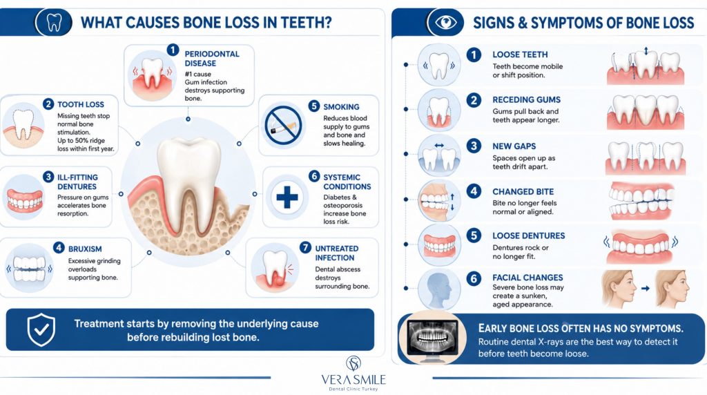The infographic is divided into two sections. The left section explains seven causes of bone loss in teeth: periodontal disease, tooth loss after extraction, ill-fitting dentures, bruxism, smoking, systemic conditions such as diabetes and osteoporosis, and untreated dental infection. A central illustration shows a tooth with surrounding jawbone loss, and a highlighted note explains that treatment begins by addressing the underlying cause before rebuilding bone. The right section outlines six common signs and symptoms: loose or shifting teeth, receding gums, new gaps between teeth, a changed bite, dentures that become loose, and facial changes caused by severe bone loss. A concluding callout emphasizes that early bone loss usually has no symptoms and that routine dental X-rays are the most effective way to detect it before teeth become loose.