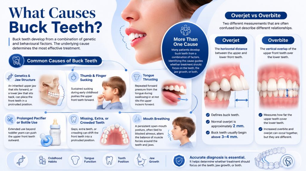 The infographic begins by explaining that buck teeth can result from inherited jaw structure, childhood thumb or finger sucking, tongue thrusting, prolonged pacifier or bottle use, missing, extra or crowded teeth, and chronic mouth breathing. Each cause is illustrated with a simplified dental or facial diagram connected in a left-to-right flow. A central highlighted section emphasizes that buck teeth often result from multiple contributing factors and that identifying the underlying cause determines whether treatment should focus on tooth movement, jaw growth, or both. The final section compares overjet and overbite using dental diagrams: overjet is shown as the horizontal distance between the upper and lower front teeth, while overbite is shown as the vertical overlap of the upper front teeth over the lower teeth. A footer summarizes the importance of accurate diagnosis in planning orthodontic treatment.