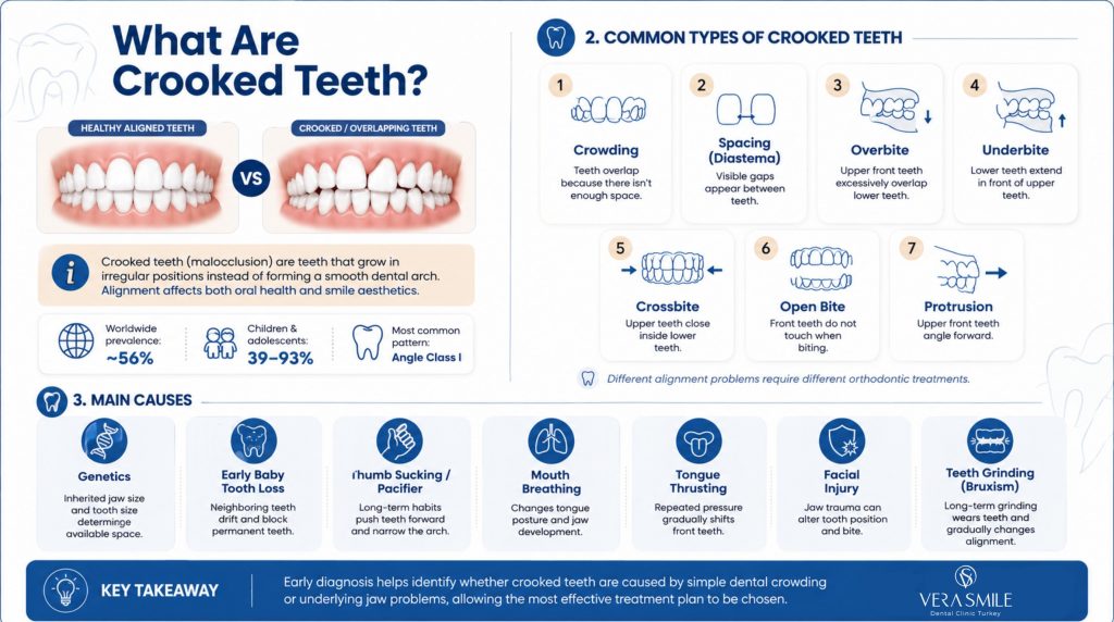 Infographic explaining crooked teeth (malocclusion), including a comparison of healthy and misaligned teeth, common types of malocclusion, major causes, prevalence statistics, and the importance of early diagnosis.