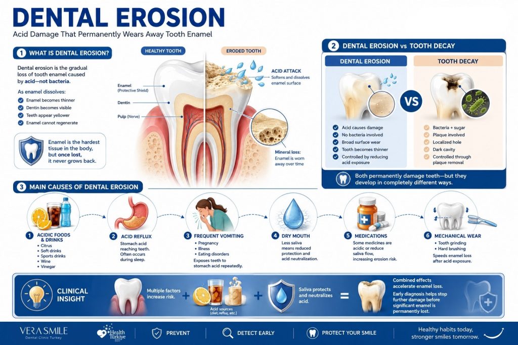 The infographic defines dental erosion as the gradual loss of tooth enamel caused by acid rather than bacteria. A cross-sectional illustration shows enamel thinning until the yellow dentin beneath becomes visible, emphasizing that enamel cannot regenerate once lost. A side-by-side comparison explains that dental erosion results from acid exposure without bacterial involvement and causes broad surface wear, while tooth decay is caused by bacteria feeding on sugar and creates localized cavities. Another section presents six major causes of dental erosion with illustrated icons: acidic foods and drinks, acid reflux, frequent vomiting, dry mouth, medications that reduce saliva or are acidic, and mechanical wear such as grinding or hard brushing, which accelerates damage after acid exposure. A concluding clinical message highlights that multiple factors often act together, making early diagnosis and controlling acid exposure essential to prevent further permanent enamel loss.