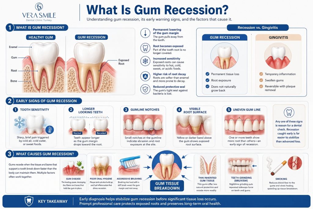 Infographic explaining gum recession with diagrams comparing healthy gums and receding gums, early warning signs, common causes, and a comparison between gum recession and gingivitis.