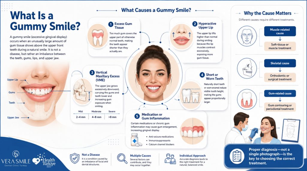 The infographic defines a gummy smile as excessive gum tissue showing above the upper front teeth during a natural smile because of an imbalance between the teeth, gums, lips, and upper jaw. A central illustration of a smiling mouth is surrounded by five causes: excess gum tissue covering otherwise normal teeth; a hyperactive upper lip that lifts higher than usual; vertical maxillary excess, where the upper jaw grows downward and is categorized as mild (2–4 mm), moderate (4–8 mm), or severe (more than 8 mm); short or worn teeth that reduce visible tooth height; and medication-related or inflammatory gum enlargement caused by anti-seizure drugs, immunosuppressants, calcium channel blockers, or gum inflammation. A concluding section explains that different causes require different treatments, with muscle-related conditions managed using soft-tissue or muscle approaches, skeletal causes potentially requiring orthodontic or surgical treatment, and gum-related causes addressed with periodontal or gum-contouring procedures. The infographic emphasizes that a professional clinical examination, rather than a single photograph, is necessary to determine the correct treatment.