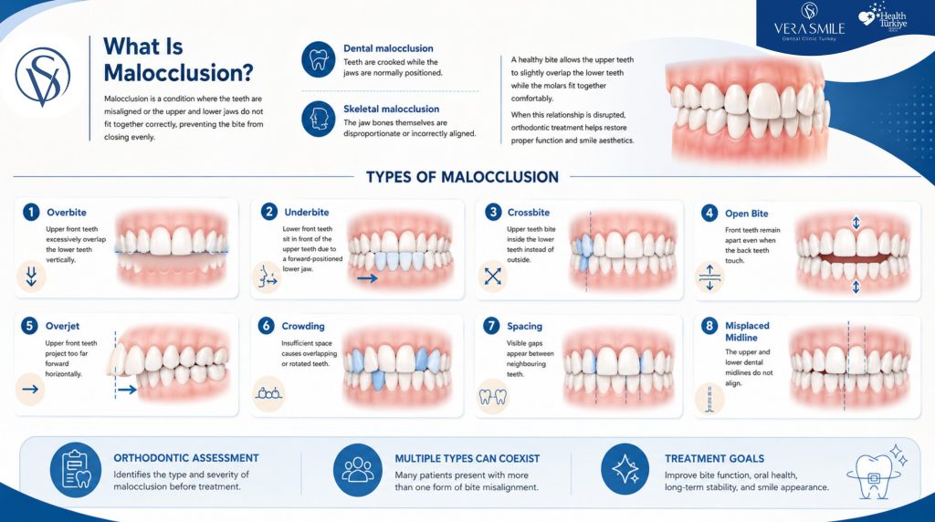The infographic communicates structured educational information through multiple diagrams, headings, icons, and explanatory text that cannot be conveyed in a single short sentence. Caption: "Infographic explaining malocclusion, defining the condition and illustrating eight common types of bite misalignment, including overbite, underbite, crossbite, open bite, overjet, crowding, spacing, and misplaced midline