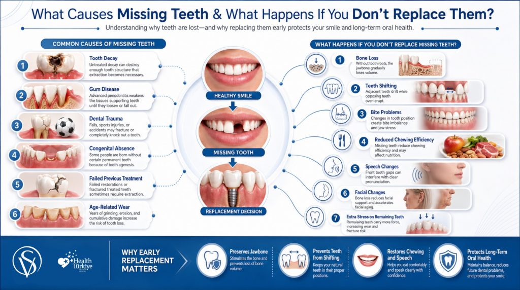 Infographic explaining the main causes of missing teeth—including tooth decay, gum disease, dental trauma, congenital absence, failed treatment, and age-related wear—and showing how untreated tooth loss can lead to jawbone loss, tooth movement, bite problems, reduced chewing, speech changes, facial changes, and extra stress on remaining teeth. It also highlights the benefits of early tooth replacement.