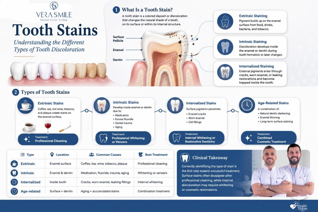 The infographic is divided into four main sections. The title introduces tooth stains and includes an illustration showing healthy white teeth gradually becoming increasingly discolored. A central cross-sectional tooth diagram labels the enamel, dentin, and surface pellicle, with arrows illustrating three staining mechanisms: extrinsic staining on the enamel surface from external pigments, intrinsic staining developing within the enamel or dentin, and internalized staining caused by pigments entering through cracks or worn enamel.  The second section presents four stain categories in connected information cards. Extrinsic stains form on the enamel from coffee, tea, red wine, tobacco, and plaque, with professional cleaning shown as the recommended treatment. Intrinsic stains develop inside the enamel or dentin because of medication, excess fluoride, dental trauma, or aging, with professional whitening or veneers recommended. Internalized stains occur when surface pigments enter through enamel cracks, worn enamel, or leaking fillings, with internal whitening or restorative dentistry recommended. Age-related stains combine natural dentin darkening, enamel thinning, and long-term surface staining, with combined cosmetic treatment suggested.  A comparison table summarizes each stain type by its location, common causes, and preferred treatment. Extrinsic stains affect the enamel surface and are treated with professional cleaning. Intrinsic stains affect the enamel and dentin and are treated with whitening or veneers. Internalized stains occur inside the tooth and may require internal whitening. Age-related stains involve both the tooth surface and dentin and often require a combination of cosmetic treatments.  The infographic concludes with a highlighted clinical takeaway stating that correctly identifying the type of tooth stain is essential for selecting the appropriate treatment, as surface stains often respond to professional cleaning while internal discoloration may require whitening or cosmetic restorations.