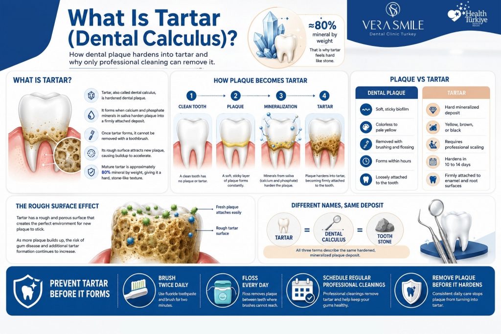 how dental plaque hardens into tartar (dental calculus), comparing plaque with tartar, showing the mineralization process, and summarizing prevention through daily oral hygiene and professional dental cleanings
