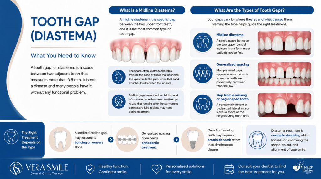 Infographic explaining what a tooth gap (diastema) is, the differences between a midline diastema and other types of tooth gaps, and how treatment varies depending on the cause and spacing pattern.