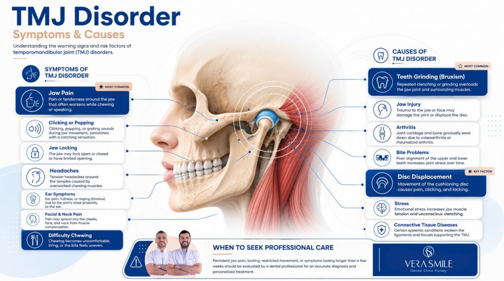 Infographic explaining the symptoms, causes, and warning signs of temporomandibular joint (TMJ) disorder with an anatomical illustration of the jaw joint