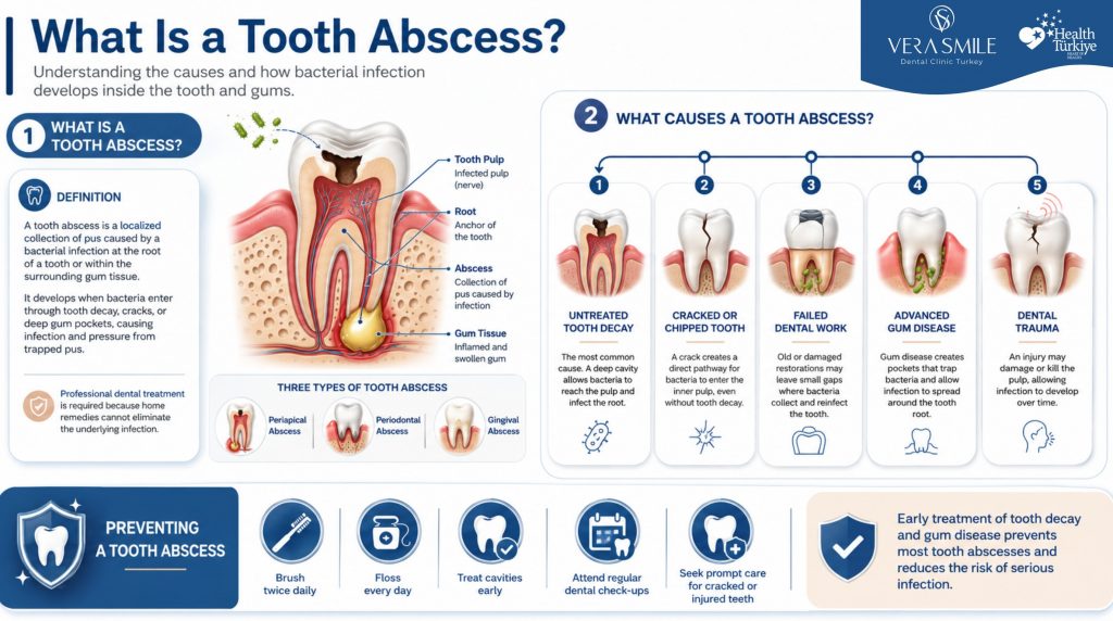 he infographic explains that a tooth abscess is a localized collection of pus caused by a bacterial infection at the root of a tooth or in the surrounding gum tissue. It describes how bacteria enter through tooth decay, cracks, or deep gum pockets, causing pus to become trapped under pressure. The infographic notes that there are three types of tooth abscess: periapical, periodontal, and gingival, classified by where the infection begins. It explains that a dentist diagnoses an abscess with a clinical examination and X-rays, and that the infection requires professional treatment because home care may relieve pain but cannot eliminate the bacteria. The second section outlines the common causes of a tooth abscess. Untreated tooth decay is identified as the most frequent cause because cavities can reach the pulp and infect the root. A cracked or chipped tooth allows bacteria to enter the pulp directly. Failed or deep dental restorations, such as fillings or crowns, may leave gaps where bacteria collect and reinfect the tooth. Advanced gum disease creates deep periodontal pockets that trap bacteria and lead to infection. Dental trauma, including knocks or falls, can damage or kill the pulp, allowing infection to develop later. The infographic concludes that most tooth abscesses occur when bacteria reach the pulp or deep gum pockets, that early treatment of tooth decay and gum disease prevents many cases, and that identifying the underlying cause helps determine the appropriate treatment and reduce the risk of recurrence
