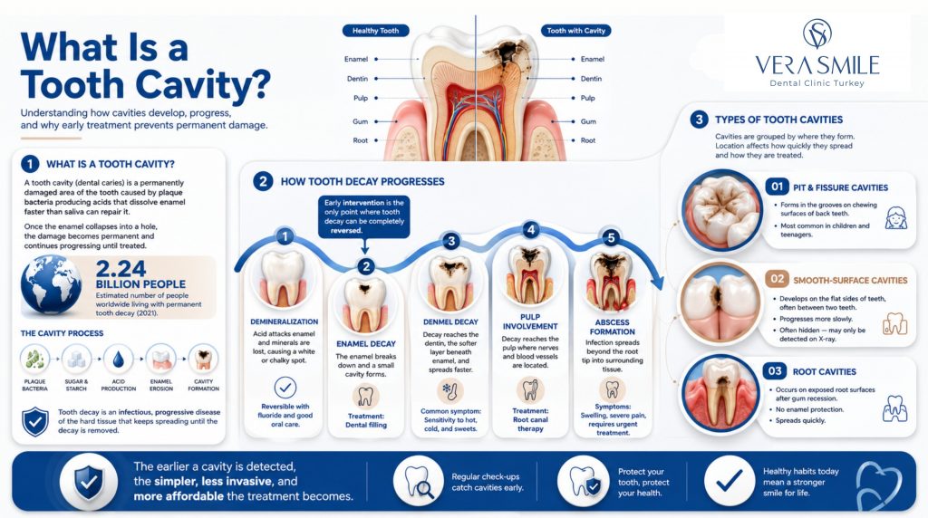 Infographic explaining what a tooth cavity is, how tooth decay progresses through five stages, and the three main types of tooth cavities