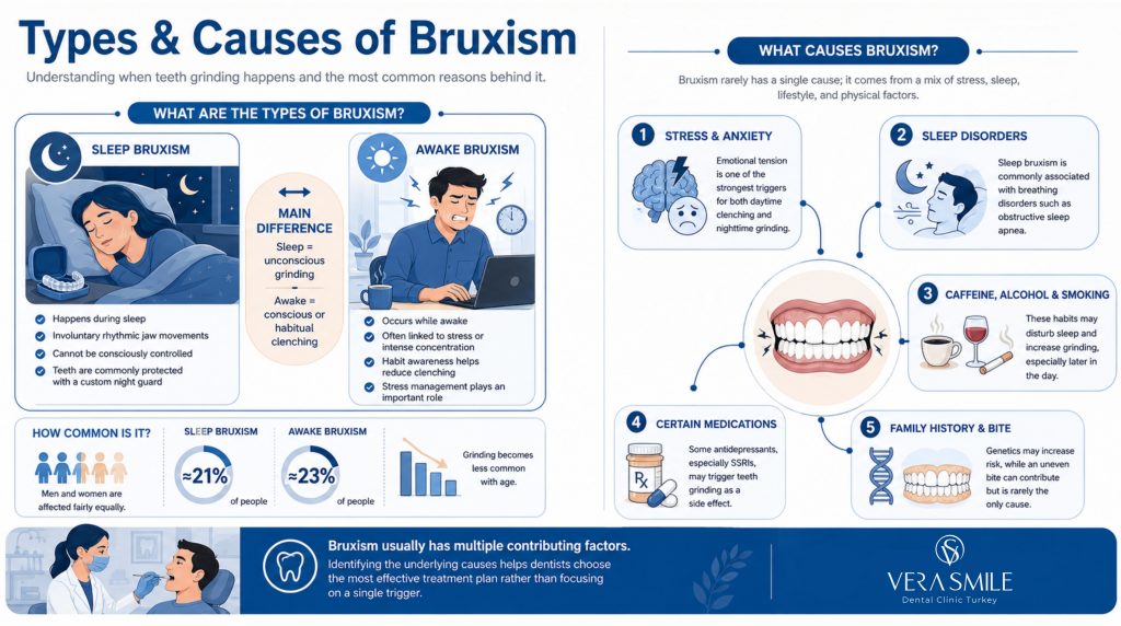 Infographic explaining the two types of bruxism—sleep bruxism and awake bruxism—and the most common contributing factors, including stress, sleep disorders, lifestyle habits, certain medications, and family history