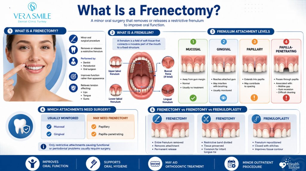 Clinic NoteFrenal tension is assessed at the consultation with a simple retraction test. The upper lip is lifted and pulled outward while the interdental papilla is observed. If the papilla blanches, moves, or the gum margin visibly lifts away from the tooth, the attachment is transmitting force to the periodontium and is recorded as clinically significant. If the tissue stays still, the frenulum is documented and monitored rather than treated.