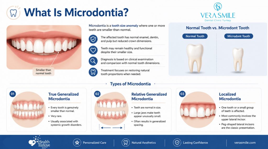 microdontia as a condition where one or more teeth are smaller than normal, outlining its three types: true generalized, relative generalized, and localized microdontia, with localized cases most commonly affecting the upper lateral incisors as peg-shaped teeth.
