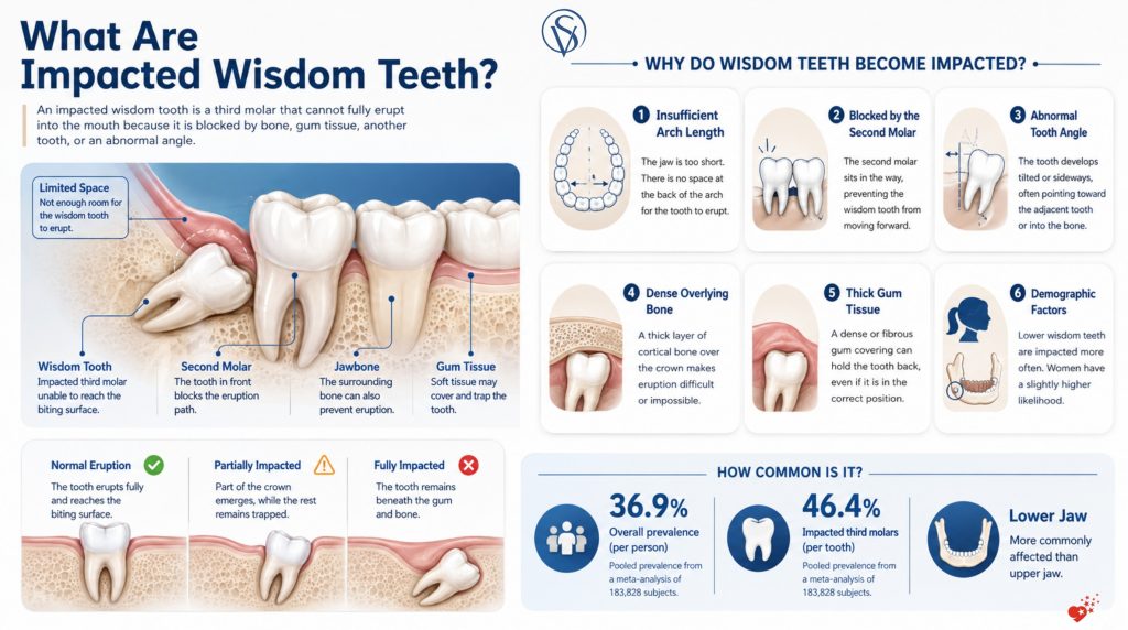 Illustration of impacted wisdom teeth showing common impaction positions and the main causes, including limited jaw space, abnormal tooth angle, obstruction by the second molar, and overlying bone or gum tissue